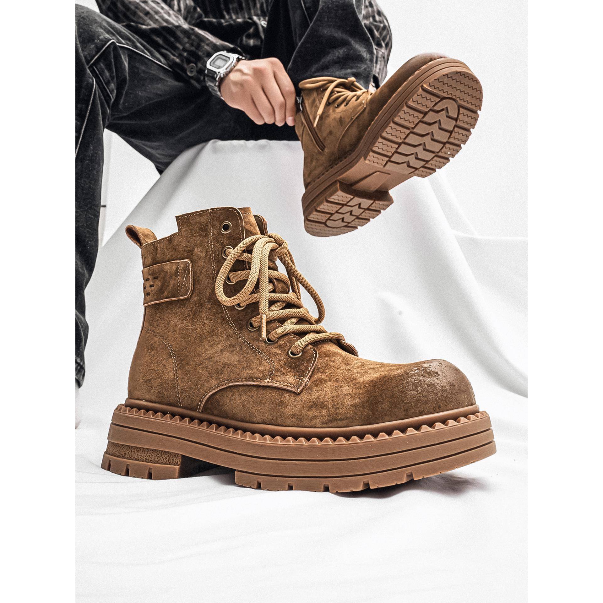 马丁靴男2025新款冬季高帮鞋英伦风中帮透气增高休闲工装靴1103r