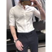 衬衣韩版 夏季 潮流帅气修0130r 条纹白色五分袖 男士 休闲衬衫 男短袖