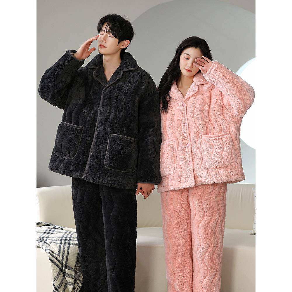 情侣睡衣秋冬女式珊瑚绒男式加绒加厚三层棉袄家装套装1117w