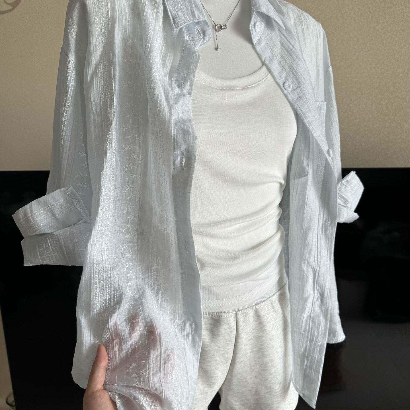 韩系蓝色肌理感防晒长袖翻领衬衫女夏季蕾丝拼接感衬衫0525k