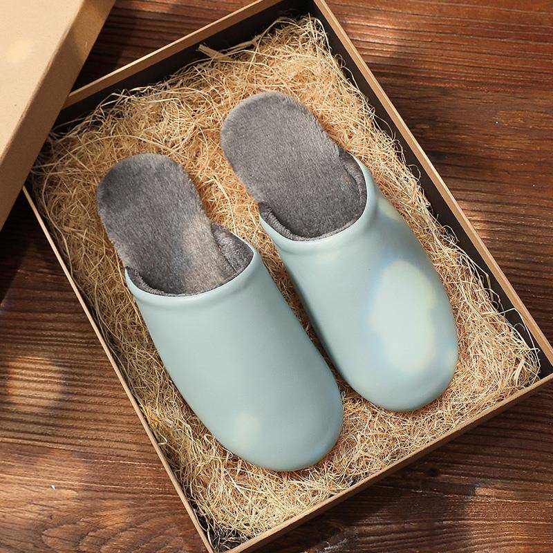 秋冬日式静音棉拖鞋女家居室内防滑皮拖鞋男1027z
