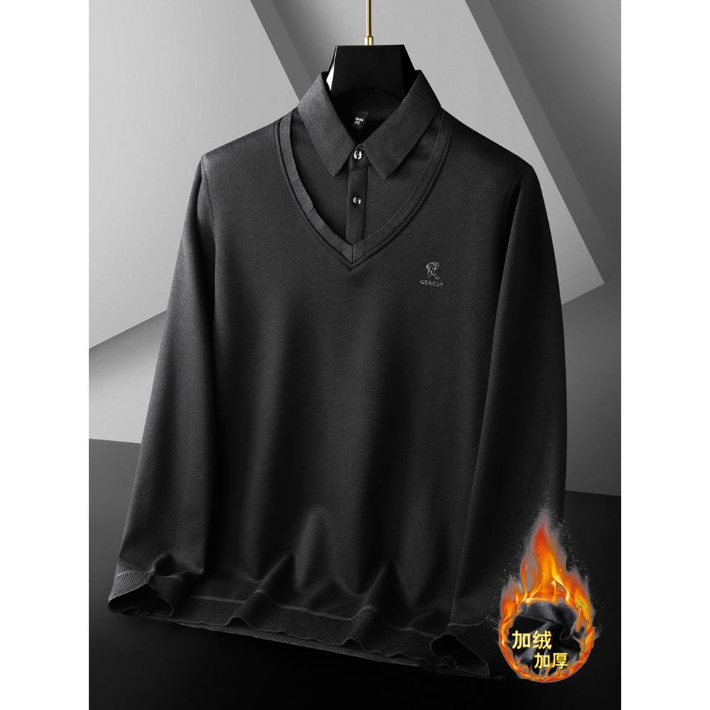 超大号男士假两件针织衫男加绒秋冬季衬衫领加肥加大码保暖1118r