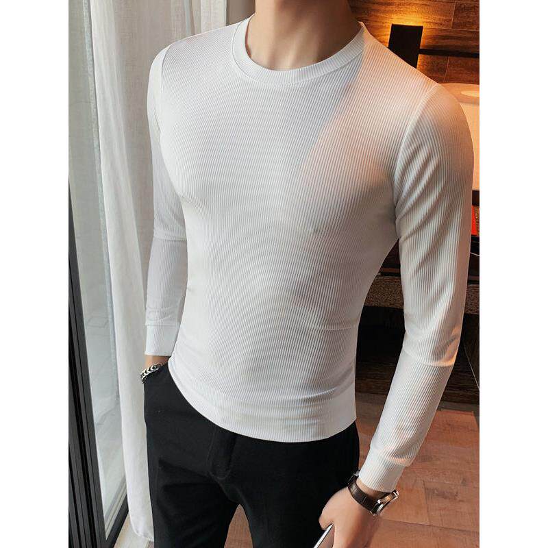 男士t恤装韩版修身纯色圆领长袖弹力紧身套头打底衫薄款汗0306k