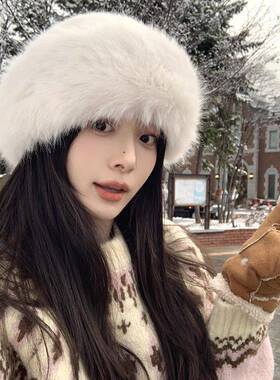 哈滨旅游白色蒙古帽女冬季防寒保暖渔夫帽时尚百搭毛绒帽0117k