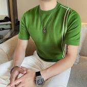 短袖 撞色条纹圆领内0207r 潮流修身 T恤男潮牌休闲针织冰丝半袖 夏季