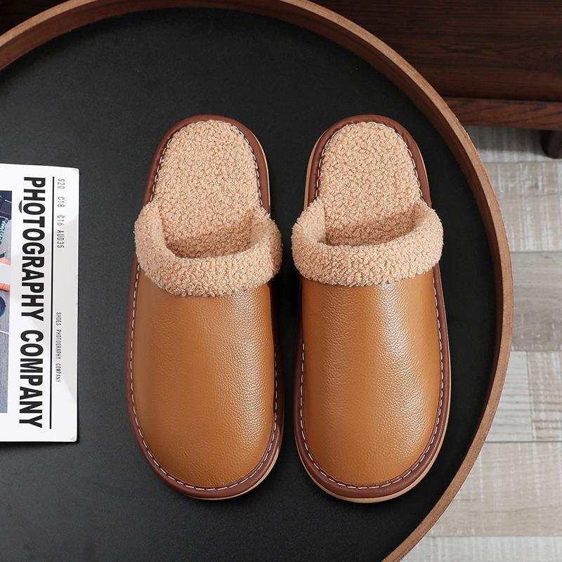 秋冬季拖鞋皮面防水防滑情侣家用保暖棉拖鞋男女家居鞋地板拖1w