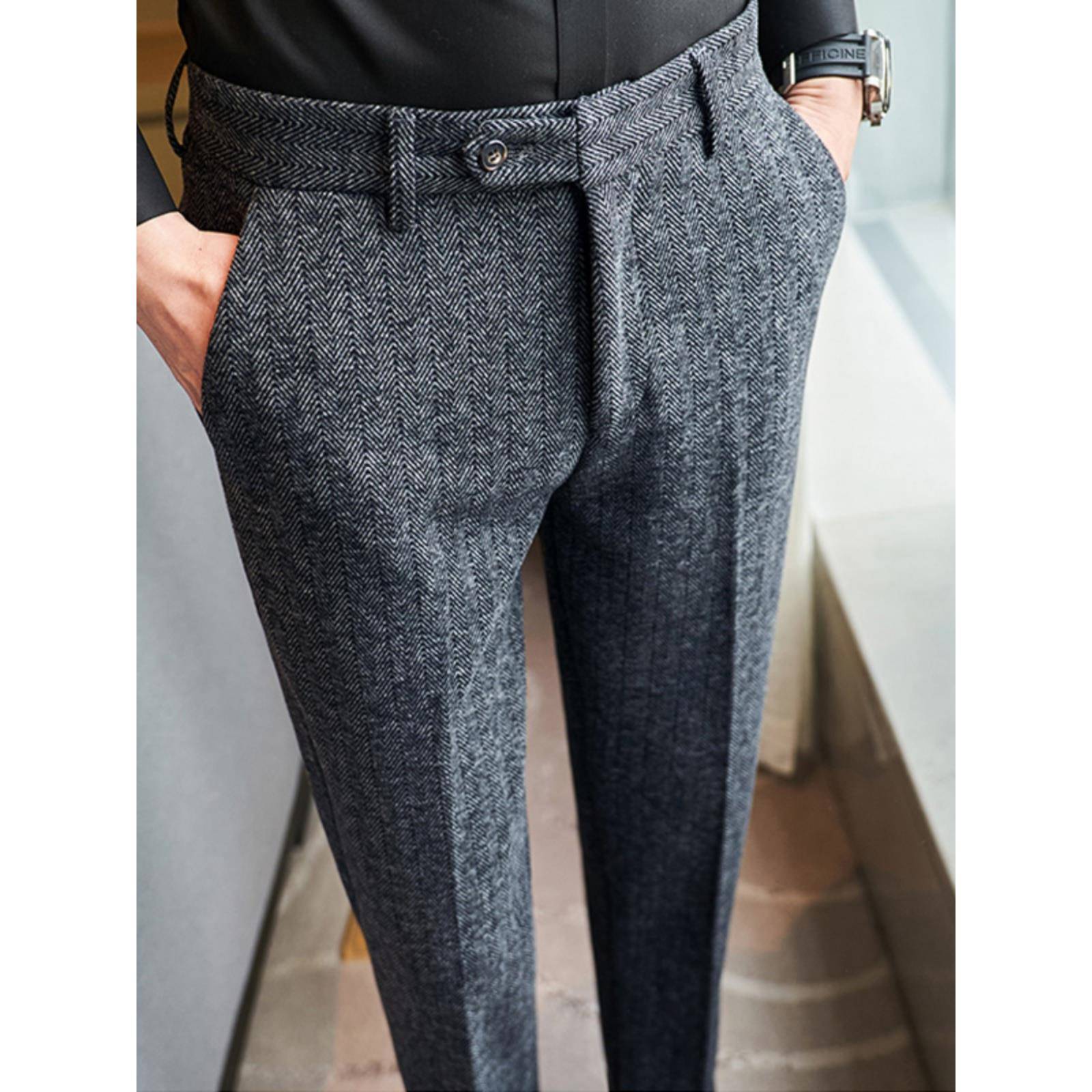 毛呢料西裤男冬季人字纹呢子男士休闲裤磨毛商务西装裤子男裤1w