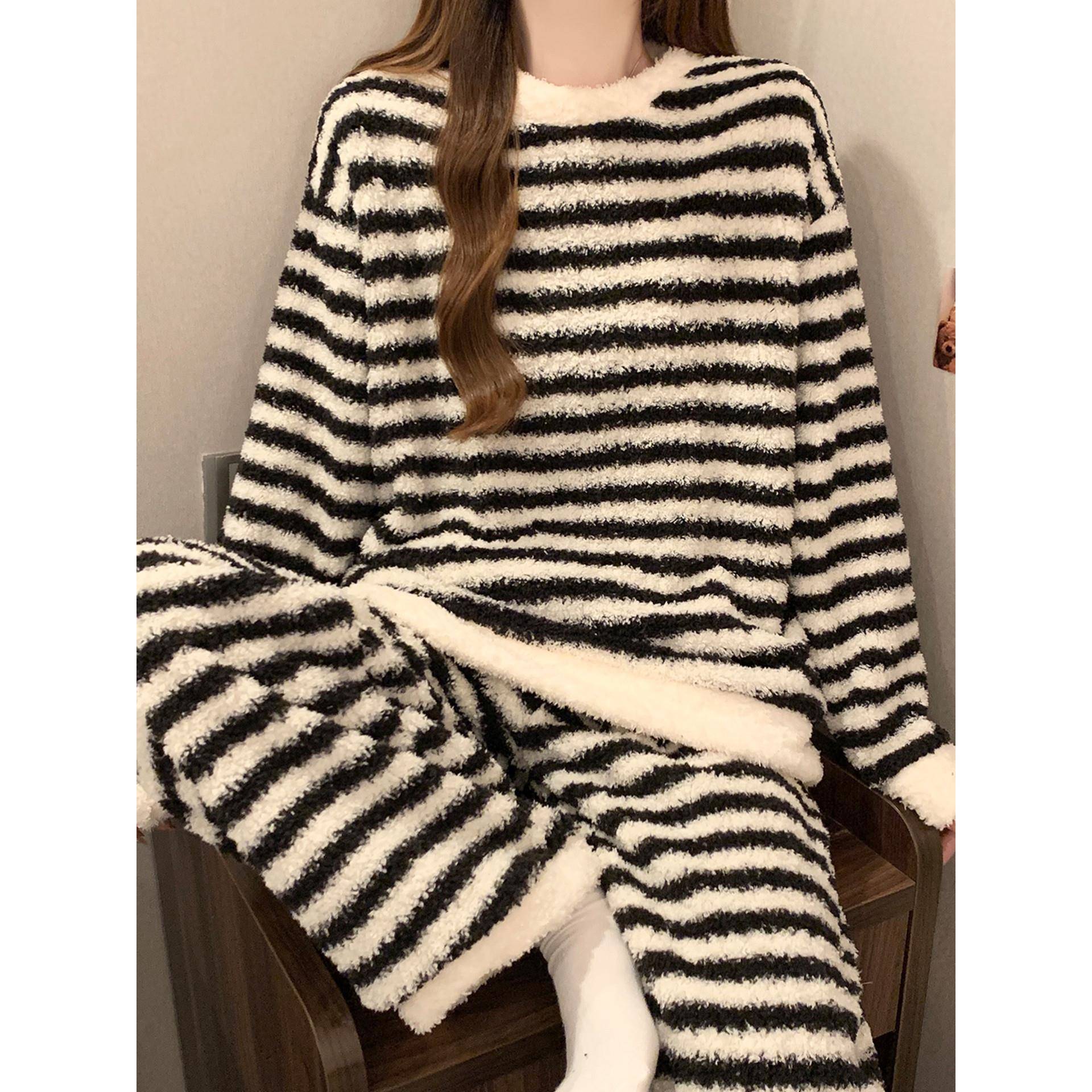 半边绒睡衣女款秋冬季加厚保暖珊瑚绒2025新款韩系条纹家居1111r