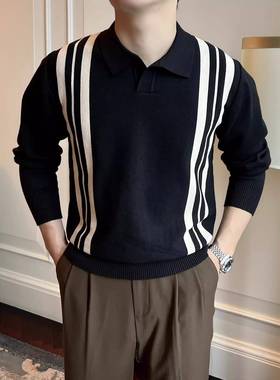 2026春新款毛衣男英伦覆古条纹撞色修身针织上衣商务休闲POL1231w
