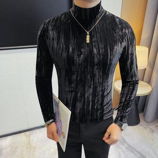 春秋半高领丝绒长袖T恤男士修身百搭肌理感打底衫时尚休闲上1230z