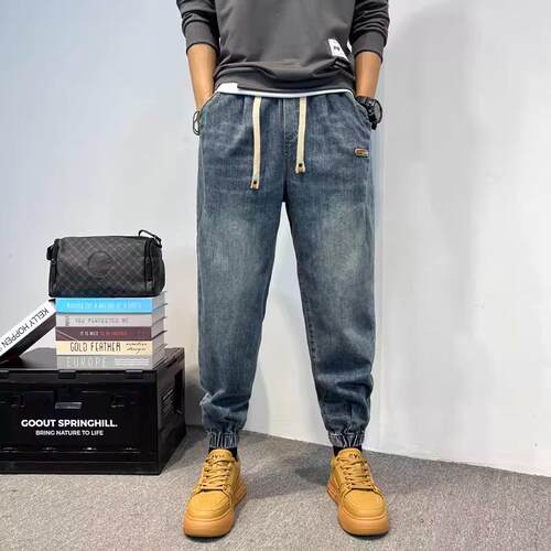 秋冬牛仔裤男秋季新款宽松哈伦裤时尚百搭束脚裤潮牌水洗渐1003d