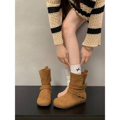 女美拉德复古平底西部靴子款2025新款配裙子百搭短靴1121w