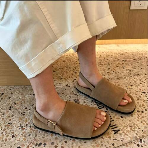 夏季新款磨砂皮勃肯凉鞋女时尚百搭软底平底后绊带一字0628e