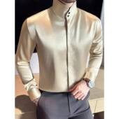 新中式 商务休闲微阔绸缎感暗门襟立0130r 2026新款 高领衬衫 男长袖