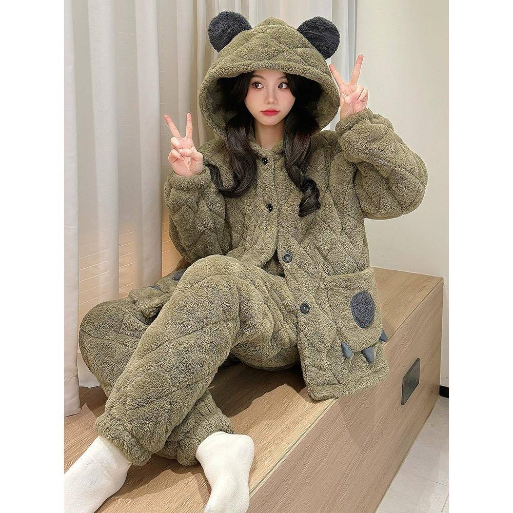 秋冬珊瑚绒三层加厚夹棉睡衣女款2025新款加绒加厚保暖连帽1112z