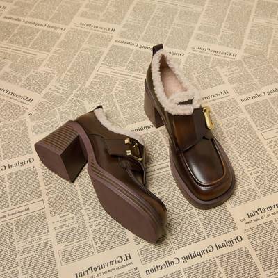 不累脚玛丽珍小皮鞋女棉鞋2025秋冬季加绒保暖高跟乐福毛毛1213r