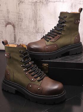 马丁靴男士高帮休闲皮鞋英伦复古中筒皮靴拼色拼接男短靴子1103r