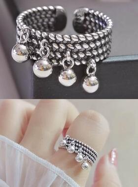 泰银复古戒指 4个小圆珠招财缠绕多层流苏球开口可调节宫廷指环女