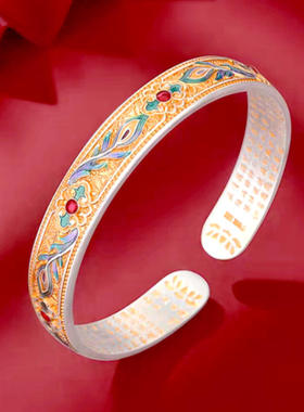 女小众设计不掉色凤翎足银手镯女纯银羽珐琅描金开口银镯子新中式