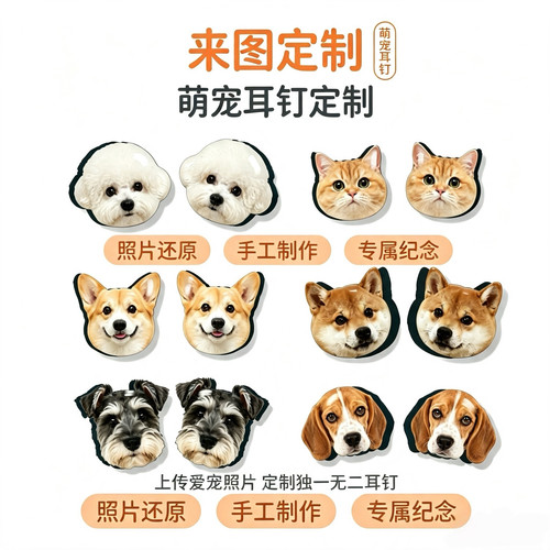 来图定制猫狗头像磁吸无耳洞耳夹