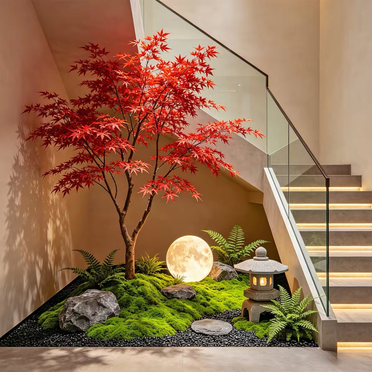 仿真红枫树造景饭店室内外枯山水楼梯下假树绿植天井造景景观装饰图片