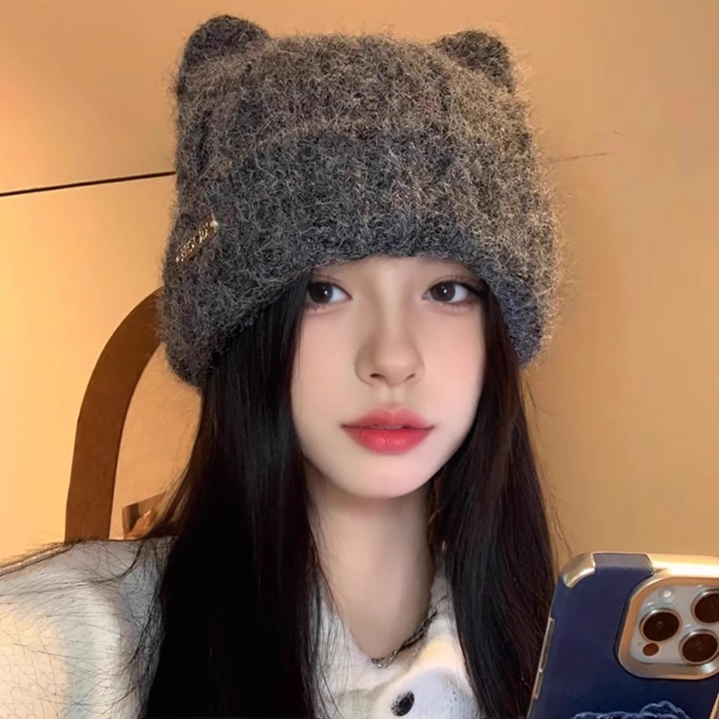 日系可爱猫耳毛绒保暖针织帽子女