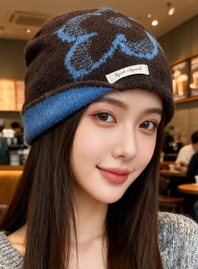 2025新款韩版复古提花针织帽子女秋冬季百搭保暖护耳显脸小包头帽