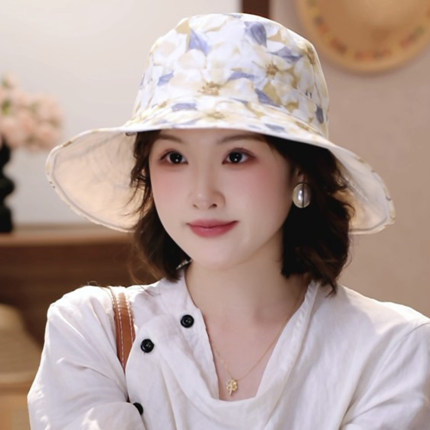 双面戴防晒帽碎花渔夫帽夏季帽子女款户外出游遮阳帽显脸小太阳帽