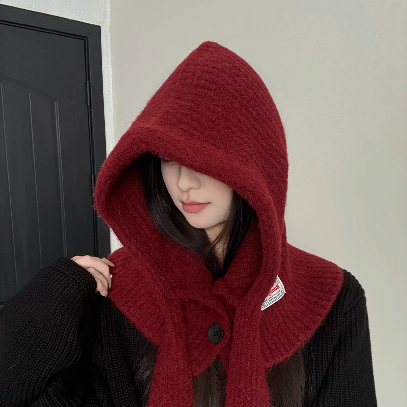 韩系红色巴拉克拉法帽子女冬季帽子围脖一体骑行保暖氛围感针织帽