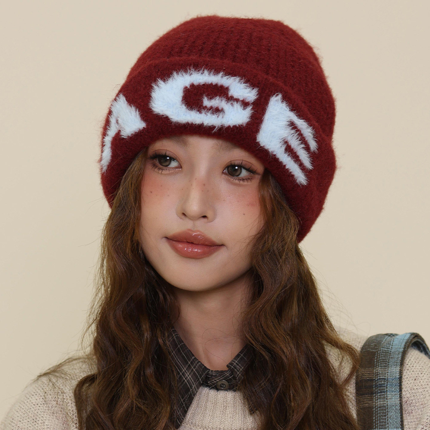 韩版字母提花毛绒针织帽子女秋冬季加厚保暖防寒护耳帽显脸小冷帽