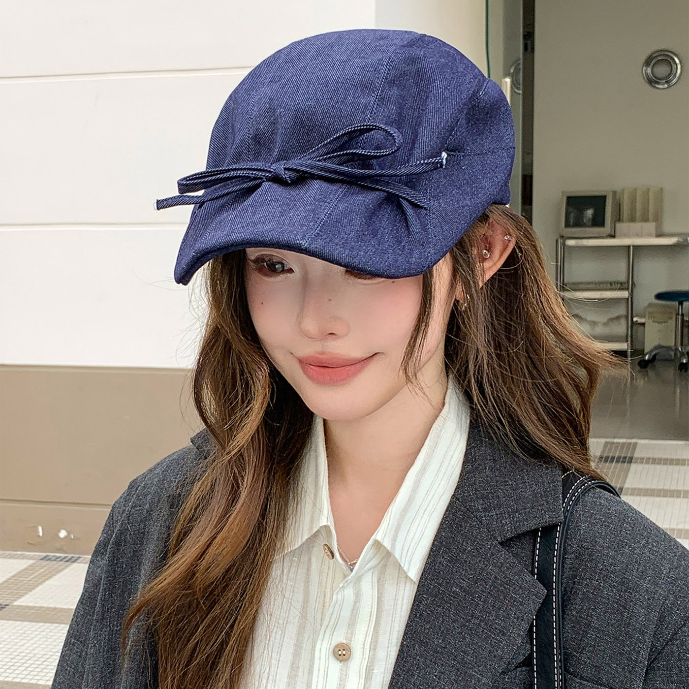 韩系显脸小蝴蝶结牛仔报童帽女