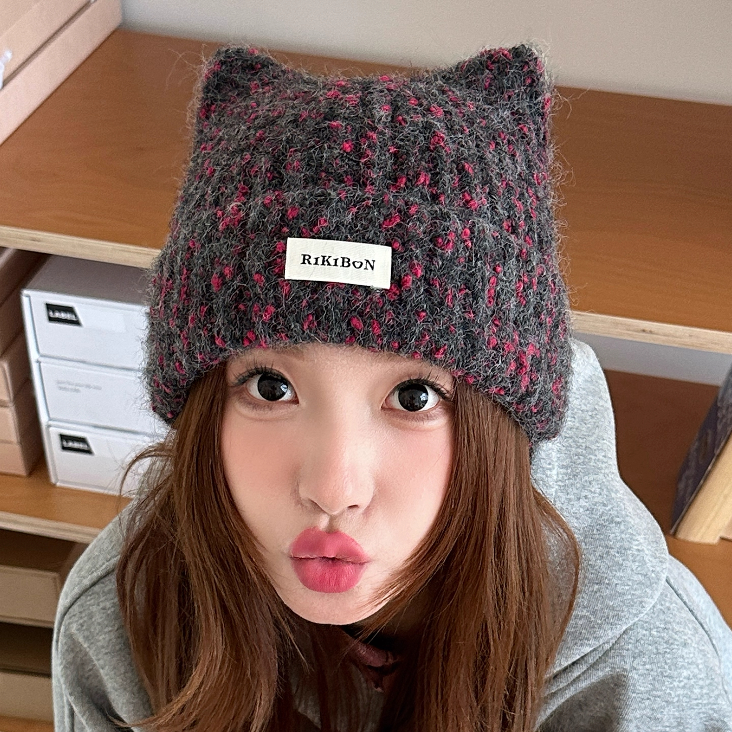 日系甜美可爱猫耳朵毛绒针织帽女