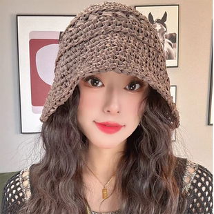 手工编织渔夫帽子女款春夏新款时尚百搭镂空透气遮阳防晒帽显脸小