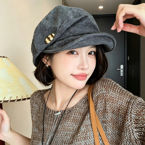 日系秋季女款显脸小八角贝雷帽