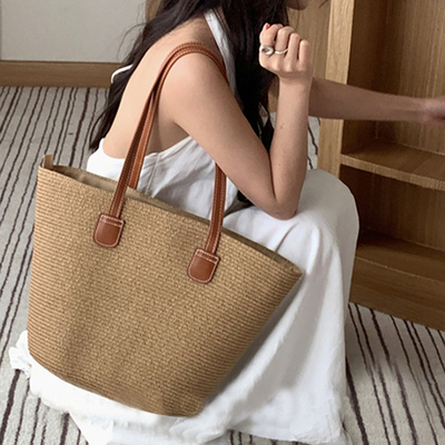 法式草编大容量通勤单肩托特包