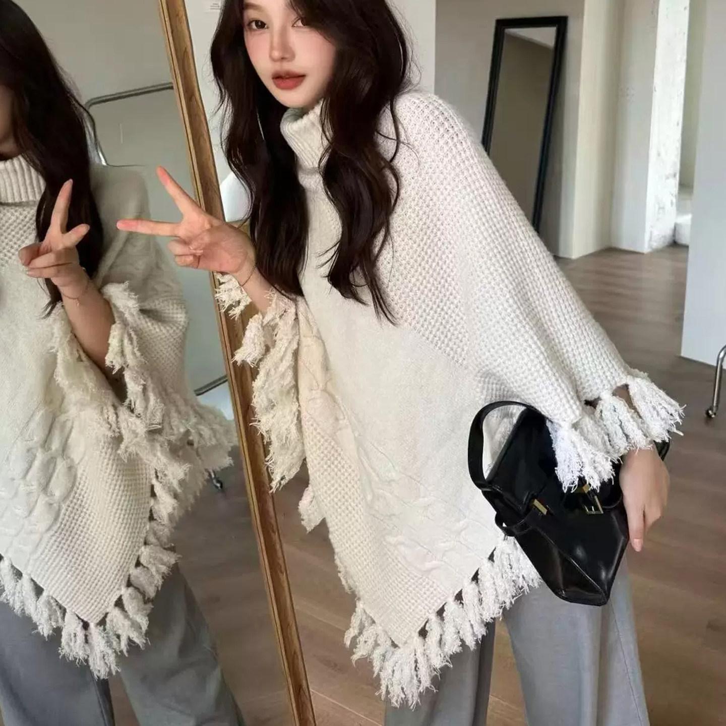 秋冬流苏针织高领保暖披肩女
