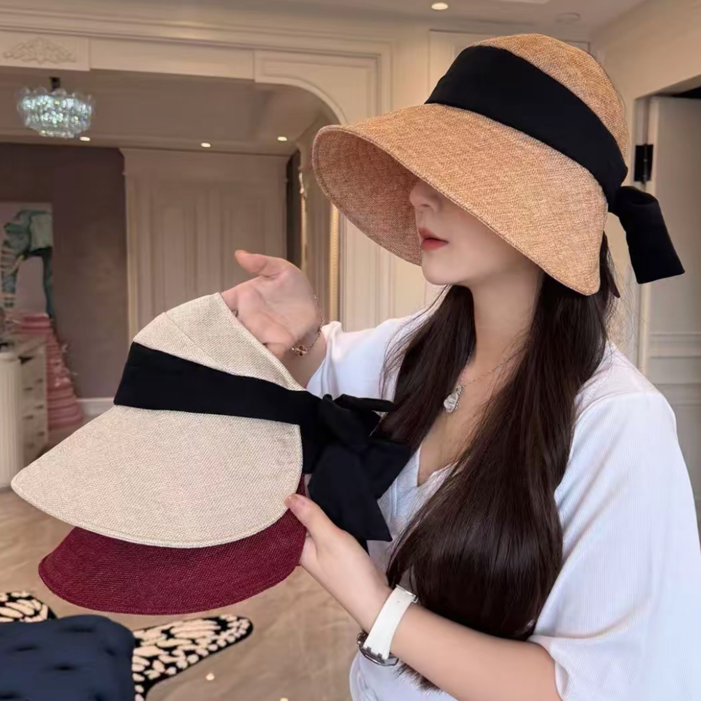 棉麻老钱风防晒帽子女一帽多戴