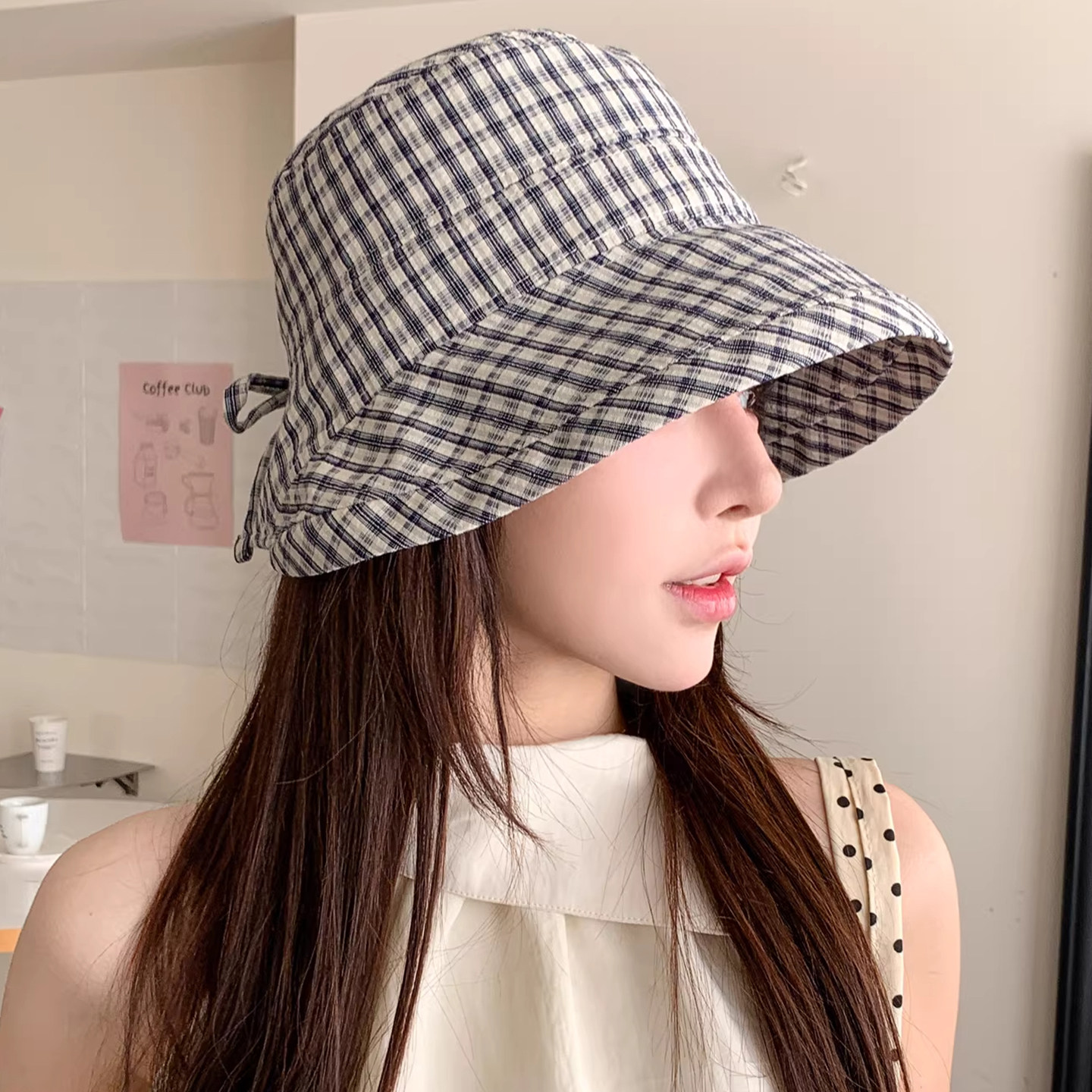 2026新款格子抽绳蝴蝶结渔夫帽子女春季遮阳防晒可折叠显脸小盆帽,服饰配件/皮带/帽子/围巾,帽子,淘宝优惠券,粉丝福利购,淘宝优惠卷