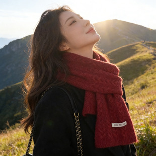 新年红色纯羊毛针织围巾女士冬季韩系高级氛围感百搭保暖羊绒围脖