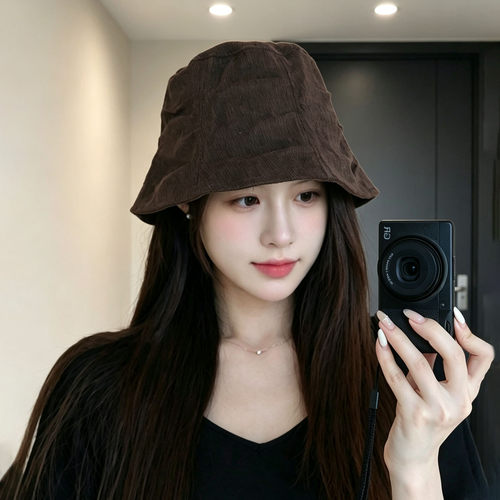 秋季灯芯绒褶皱显脸小渔夫帽女