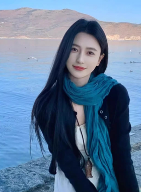 文艺湖蓝棉麻褶皱长款丝巾披肩