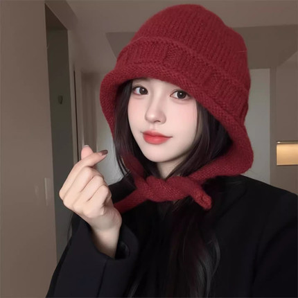 新年红色巴拉克拉法帽子女新款冬季保暖针织帽出游防寒护耳毛线帽