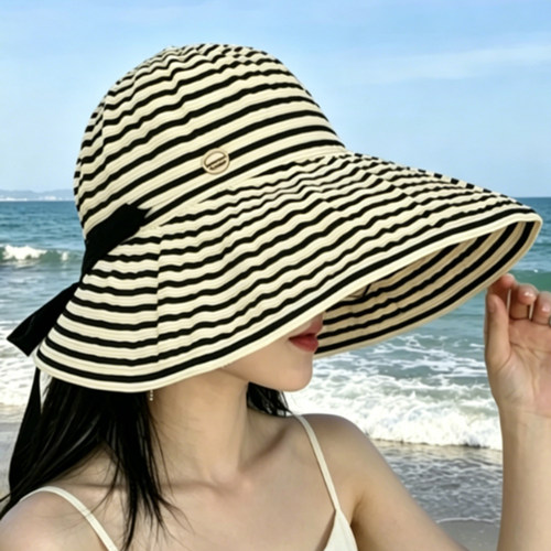 夏季条纹绑带大檐防晒渔夫帽女