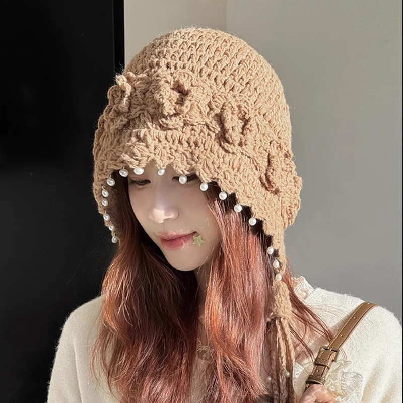 手工钩针立体花朵流苏针织帽子女2025新款秋冬季保暖显脸小包头帽