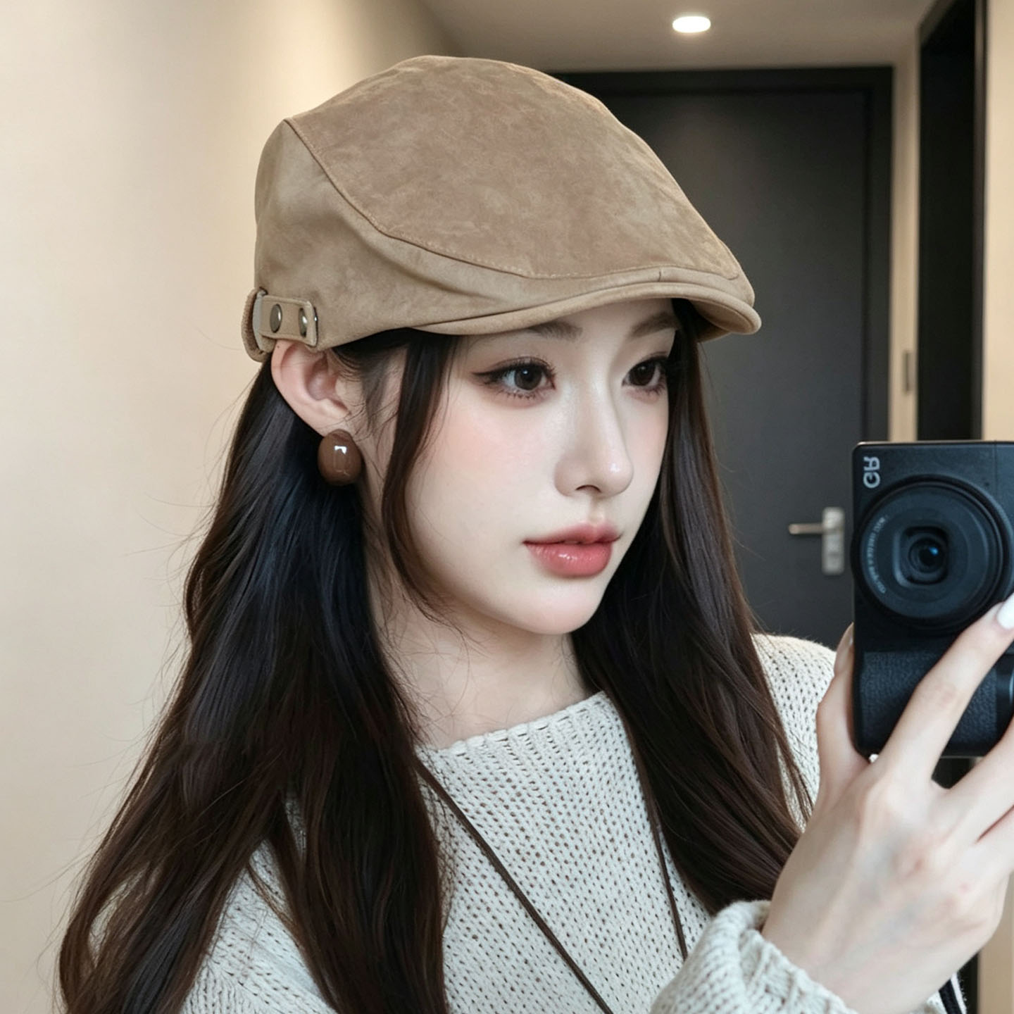 秋季复古麂皮绒显脸小前进帽女