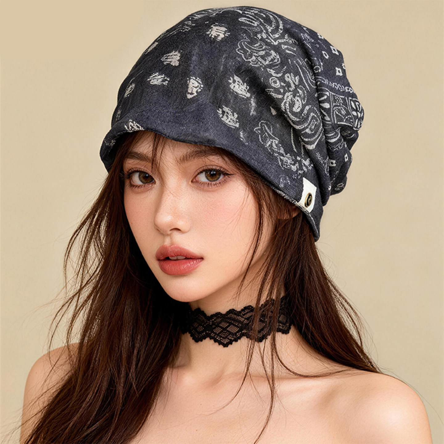 复古格纹头巾堆堆帽夏季帽子女款时尚褶皱废土风显脸小包头帽冷帽