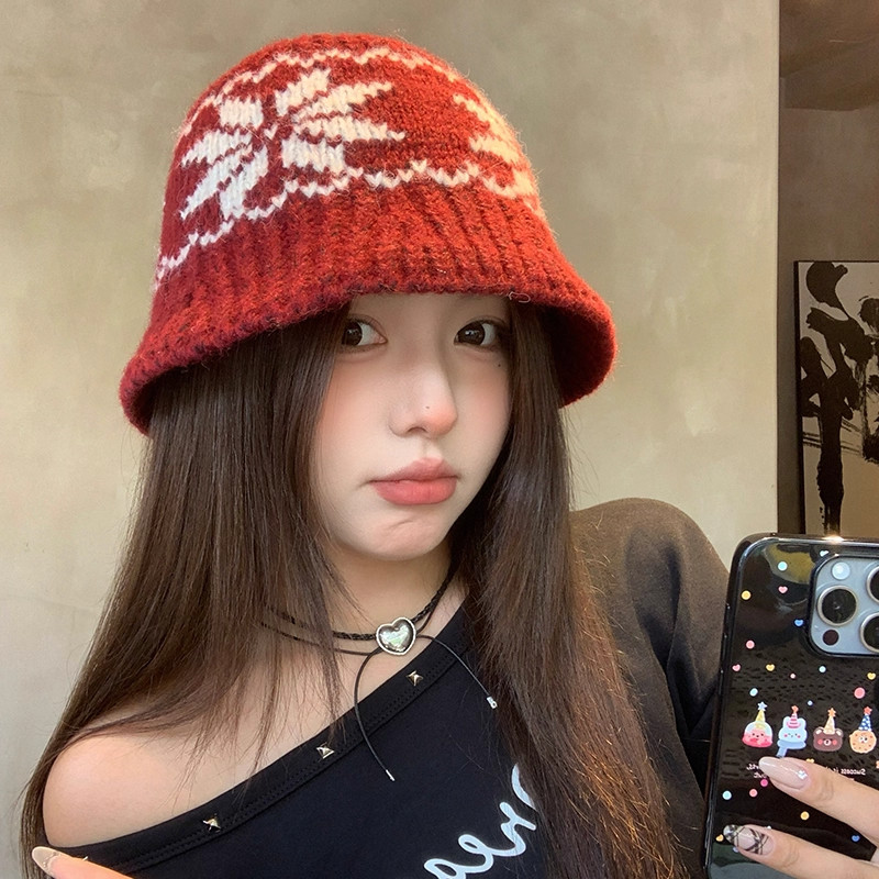 费尔岛风复古提花针织渔夫帽子女