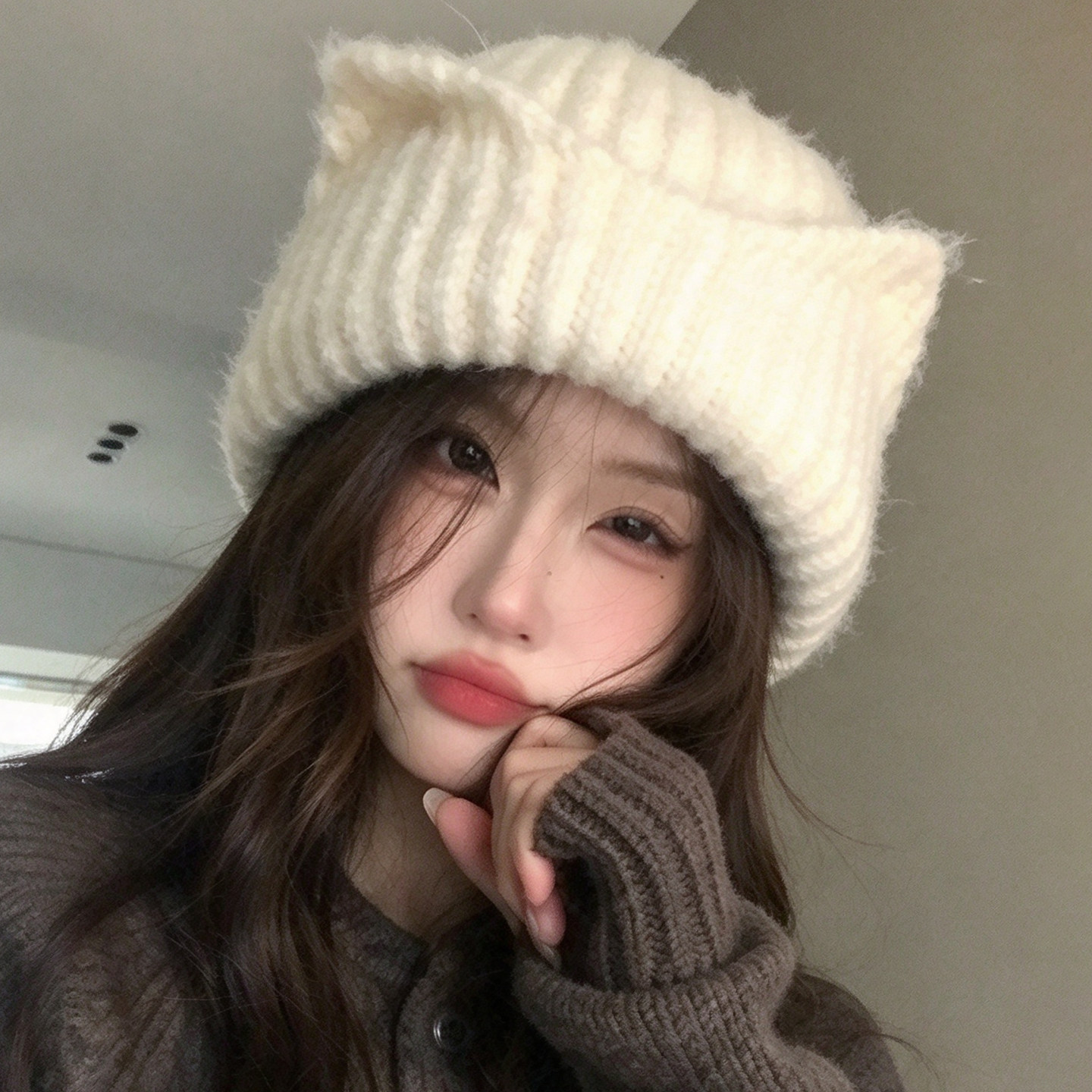 冬季猫耳护耳保暖针织帽女款