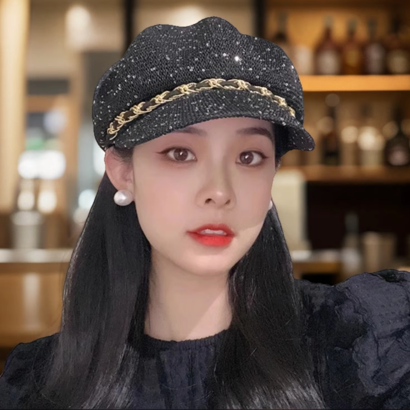 2025新款亮片八角帽子女夏季薄款镂空贝雷帽防晒遮阳透气鸭舌帽子