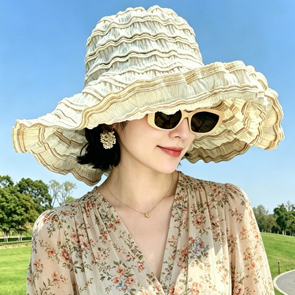 超大帽檐可折叠渔夫帽夏季帽子女款户外防晒遮阳帽海边度假太阳帽
